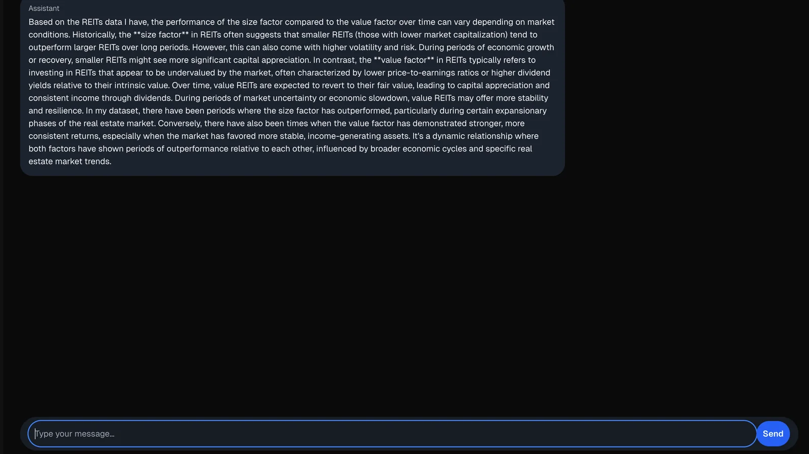 Dark REIT chat interface returning an analytical answer