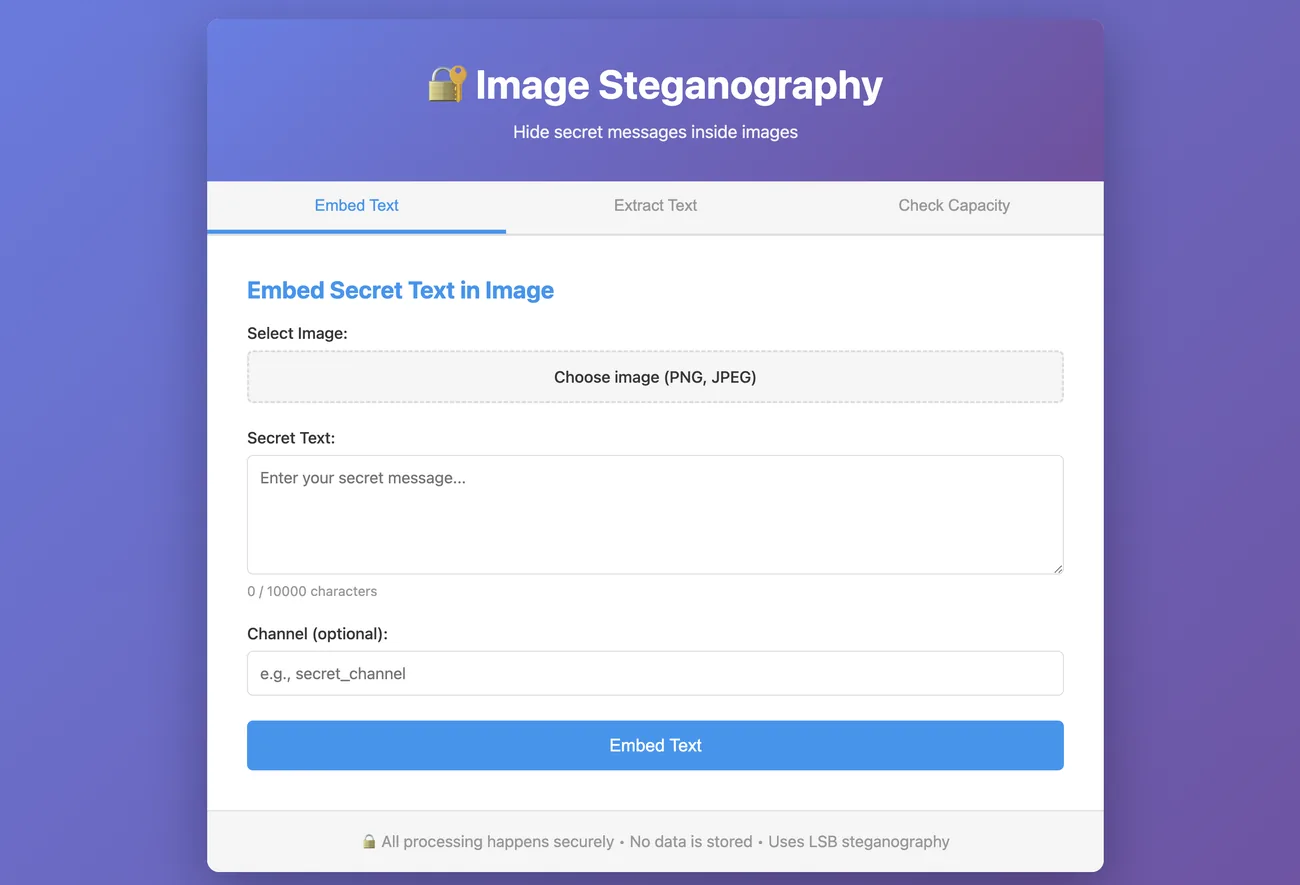 Image Steganography web interface for embedding secret text