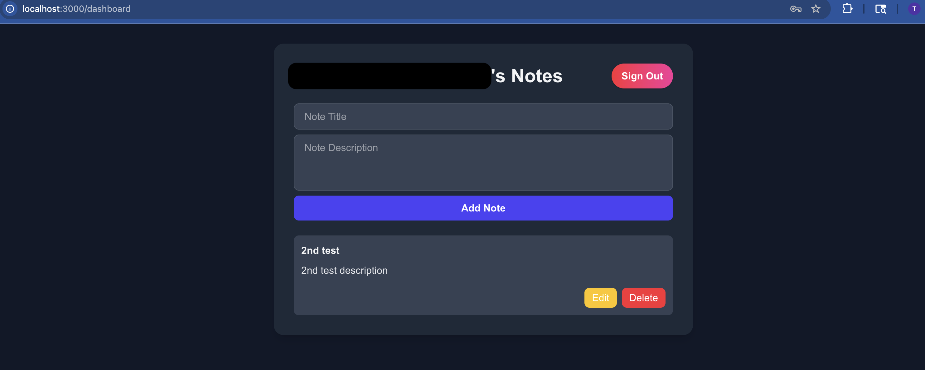 Authenticated notes dashboard with create, edit, and delete controls